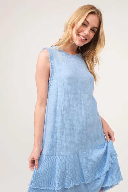Washed Fringe Detail Tiered Dress in Baby Blue - product view 8