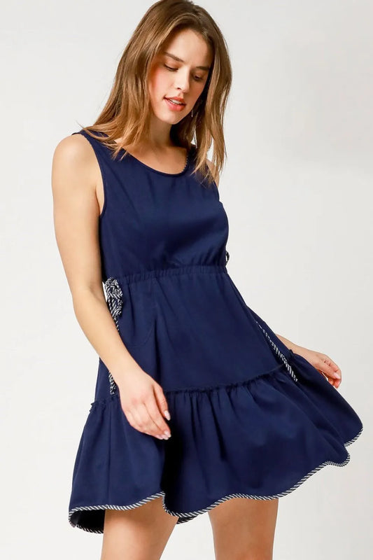 Frill Drawstring Waist Round Neck Mini Tank Dress - Dark Navy - product view 2