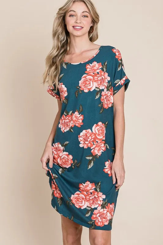 Floral Round Neck Short Tee Dress with Pockets - French Blue - product view 2