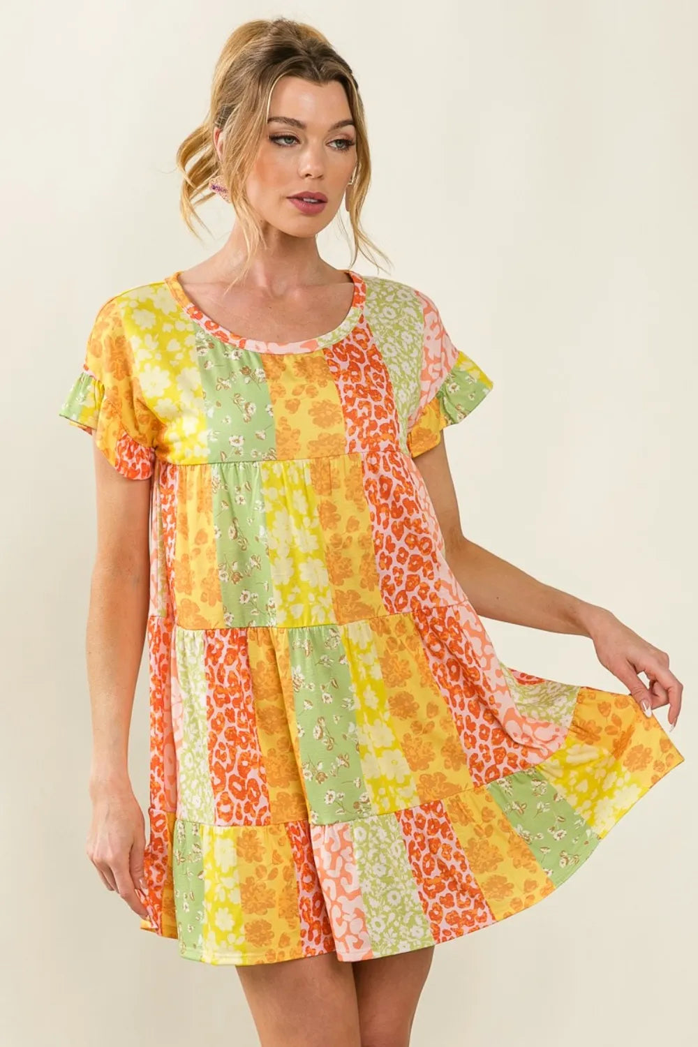 Leopard Short Sleeve Tiered Dress - Orange/Lime - product view 4