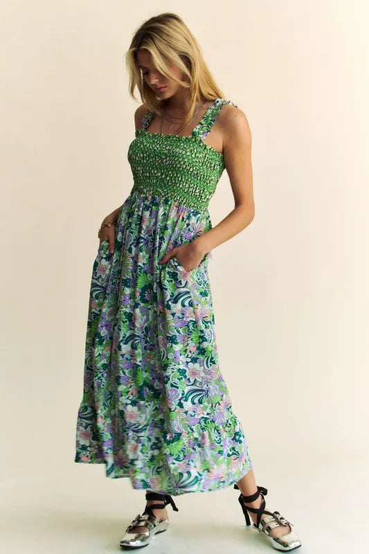 Multi Smocked Bodice Geo Ruffle Strappy Midi Dress - Hunter Green - product view 2