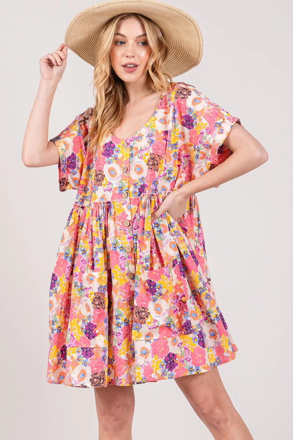 Floral Short Sleeve Babydoll Dress with Pockets in Multi - product view 5