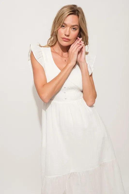 Ruffle Sleeve Front Smocked Tiered Midi Dress in Off White - product view 10