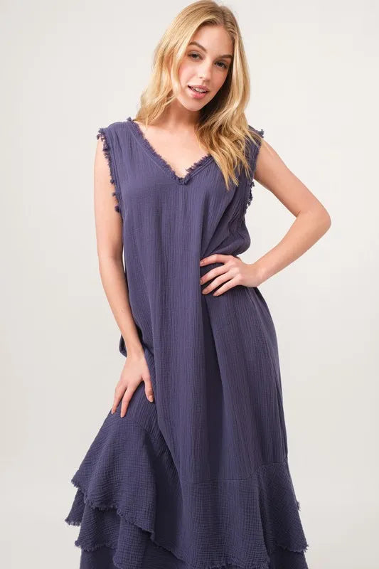 Washed Cotton Gauze Fringe Detail Tiered Dress - Navy - product view 2