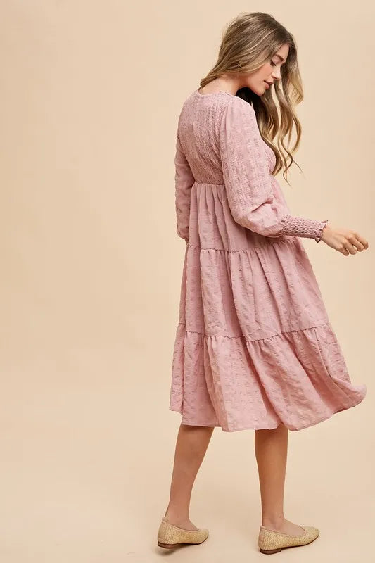 Textured Smocking Bodice Tiered Midi Dress in Mauve - product view 5