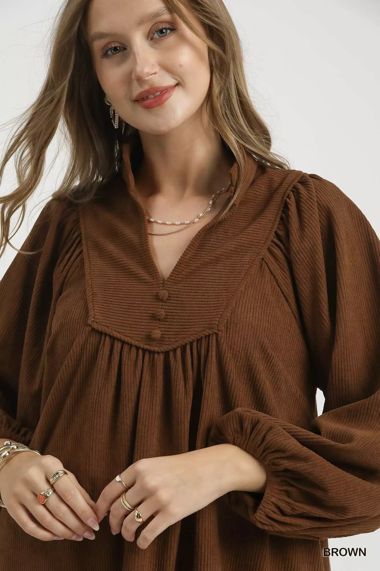 Corduroy Tiered Babydoll Dress in Brown - product view 5