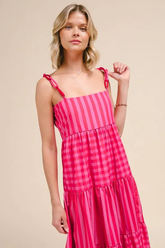 Stripe Tiered Maxi Dress with Colorful Chain Strap in Pink/Red - product view 12