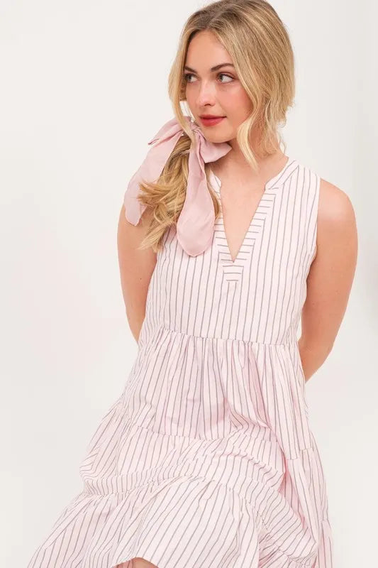 Striped Sleeveless V-Neck Tiered Dress in Pink - product view 9