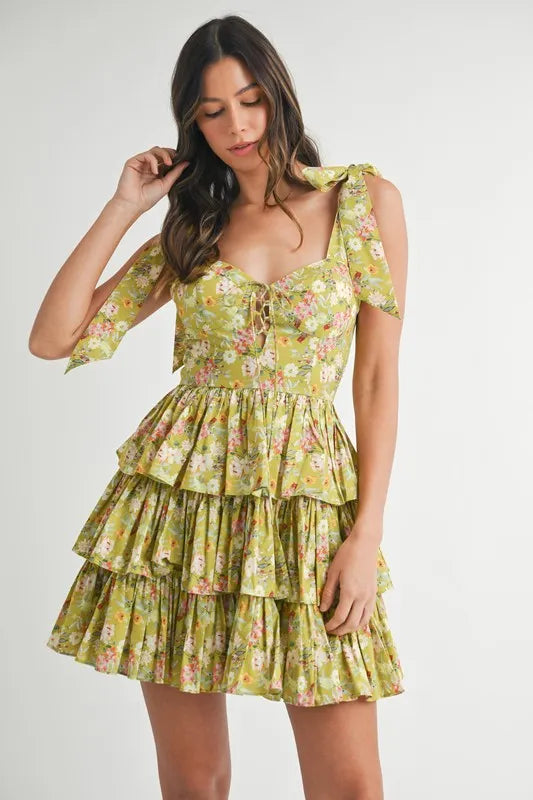 Floral Print Shoulder Tie Layered Mini Dress - Kiwi - product view 2