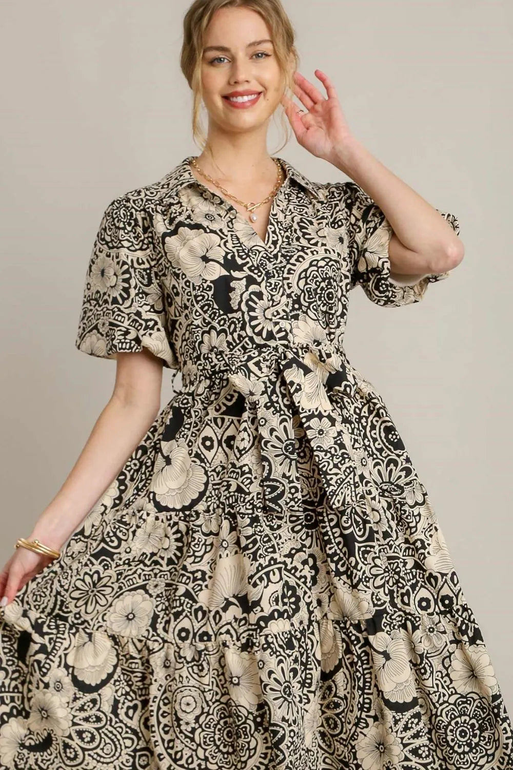 Full Size Mixed Print A-Line Tiered Midi Dress Plus Size in Black - product view 3