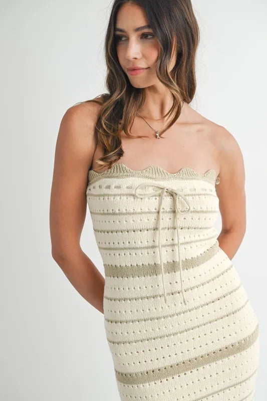 Contrast Striped Crochet Knit Midi Dress in Lt Taupe - product view 12