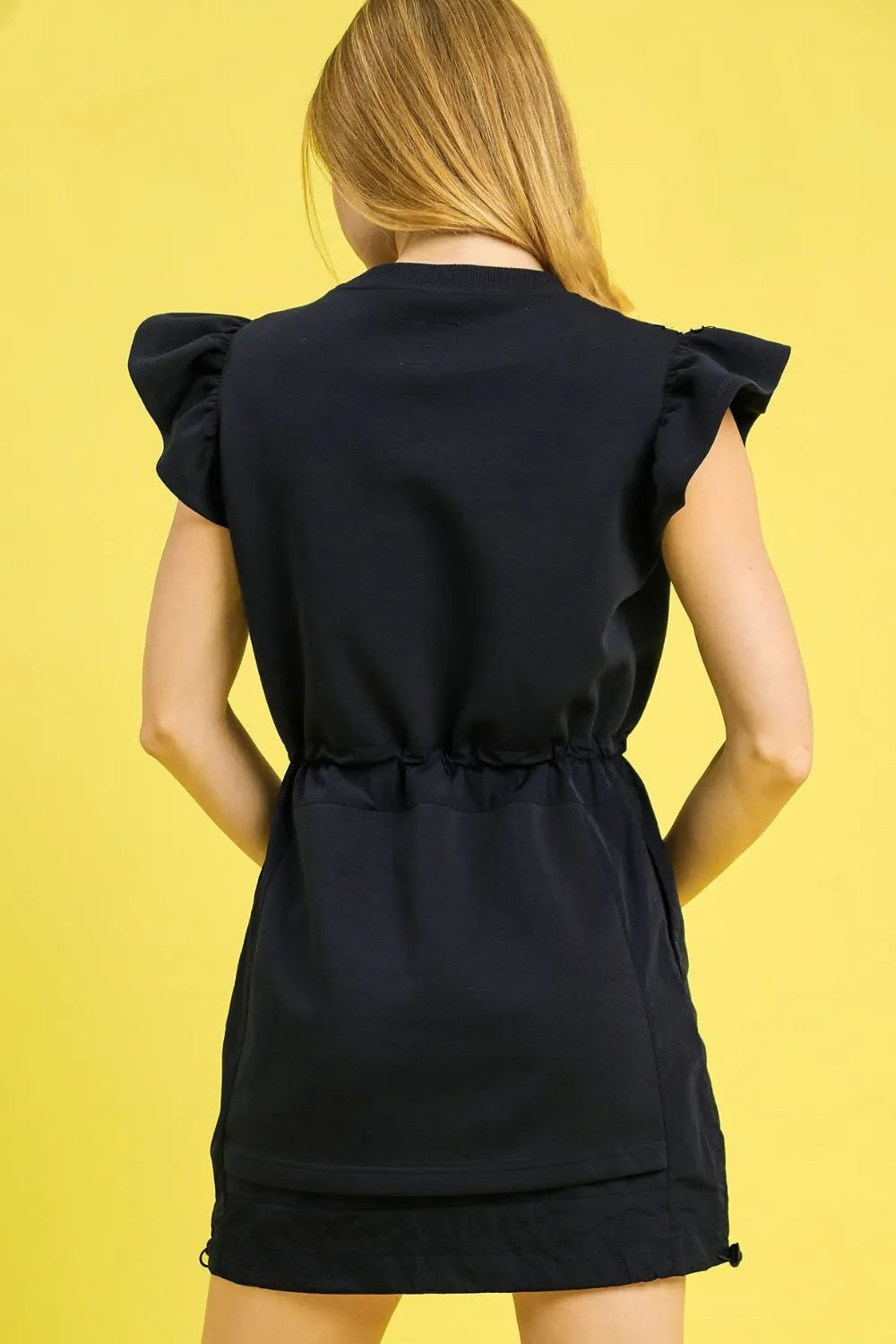 Luxe knit Ruffle Sleeve Drawstring Mini Dress - Dark Navy - product view 3