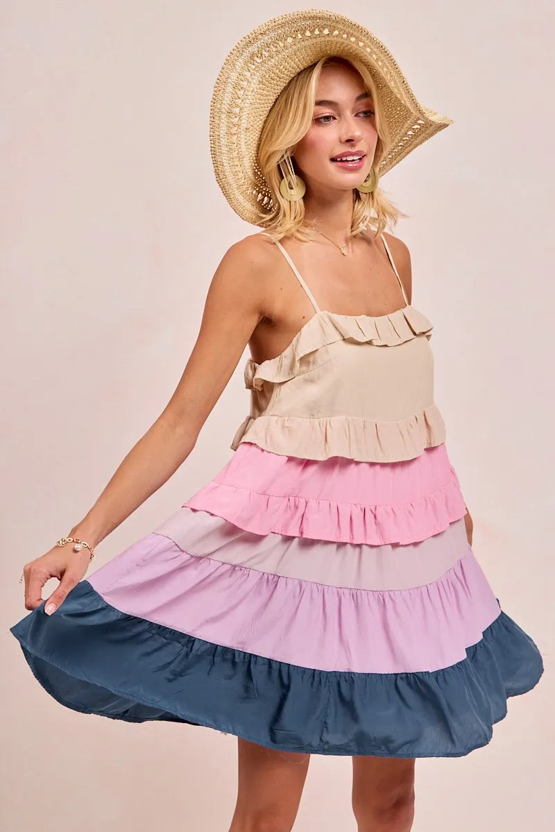 Color Blocked Tiered Dress - Cream/Pink/Lilc/Teal - product view 12