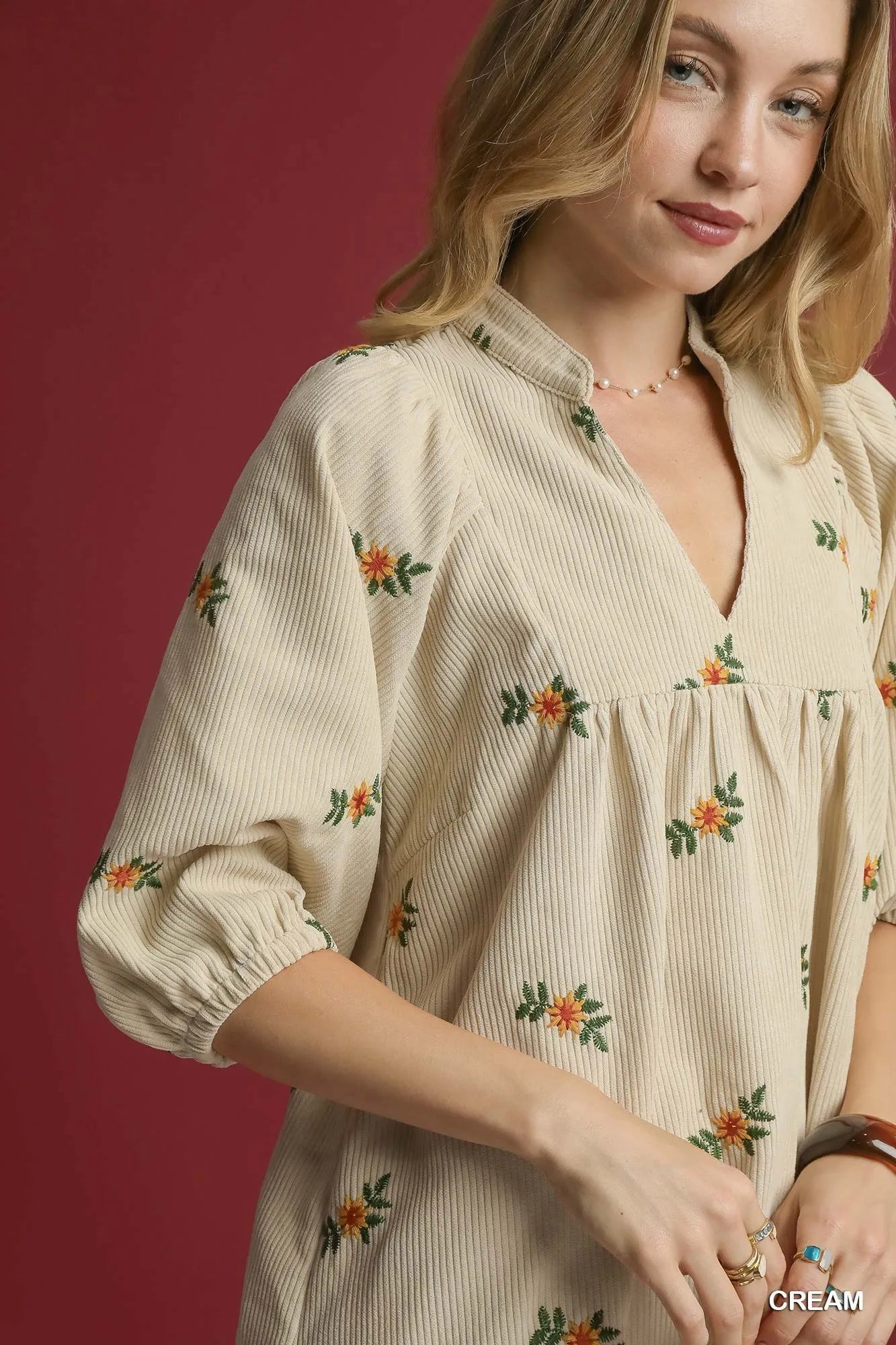 Corduroy Babydoll Dress with Floral Embroidery - Cream - product view 5
