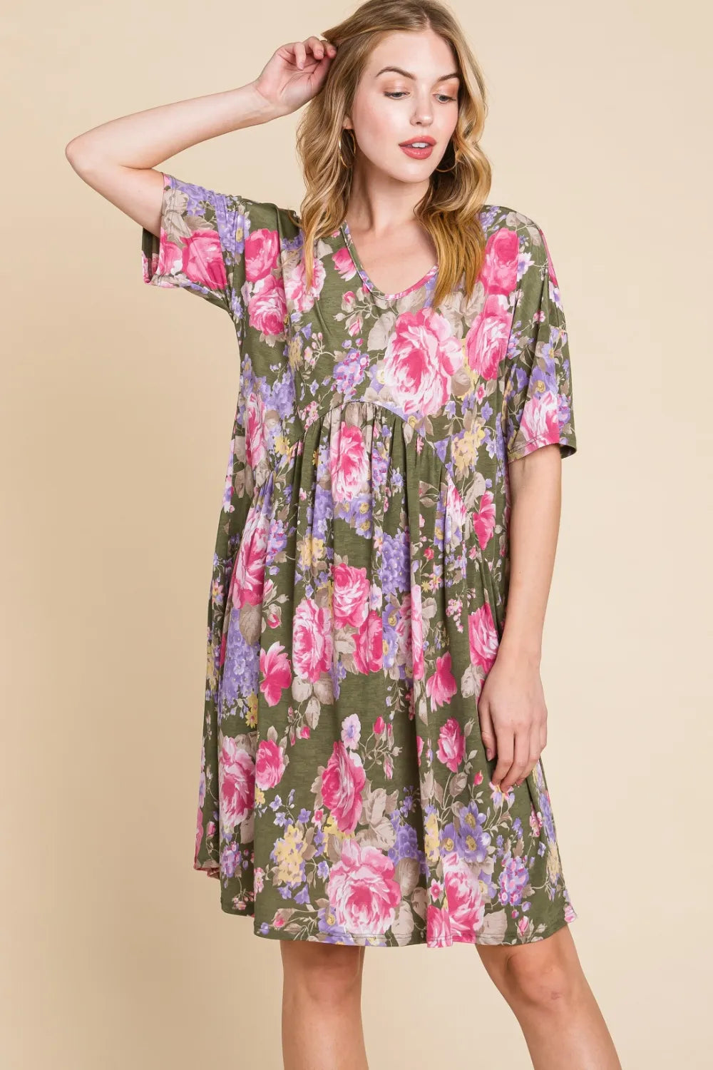 Flower Print V-Neck Ruched Dress in Floral - product view 5