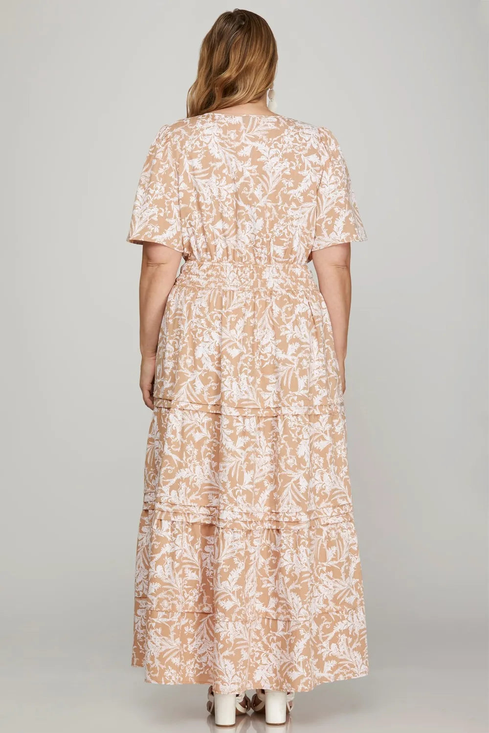 Printed Notched Woven Tiered Pintuck Maxi Dress with Side Pockets in Apricot - product view 5