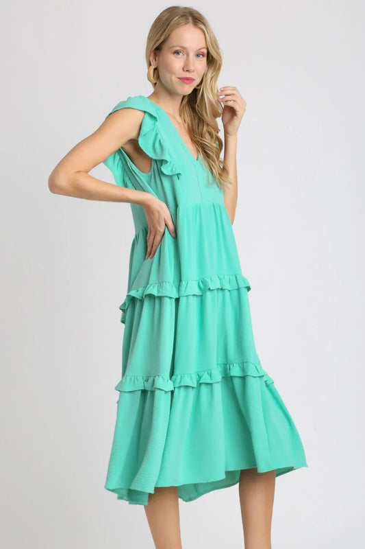 Full Size Ruffle Tiered Cap Sleeve Midi Dress Plus Size in Emerald - product view 2