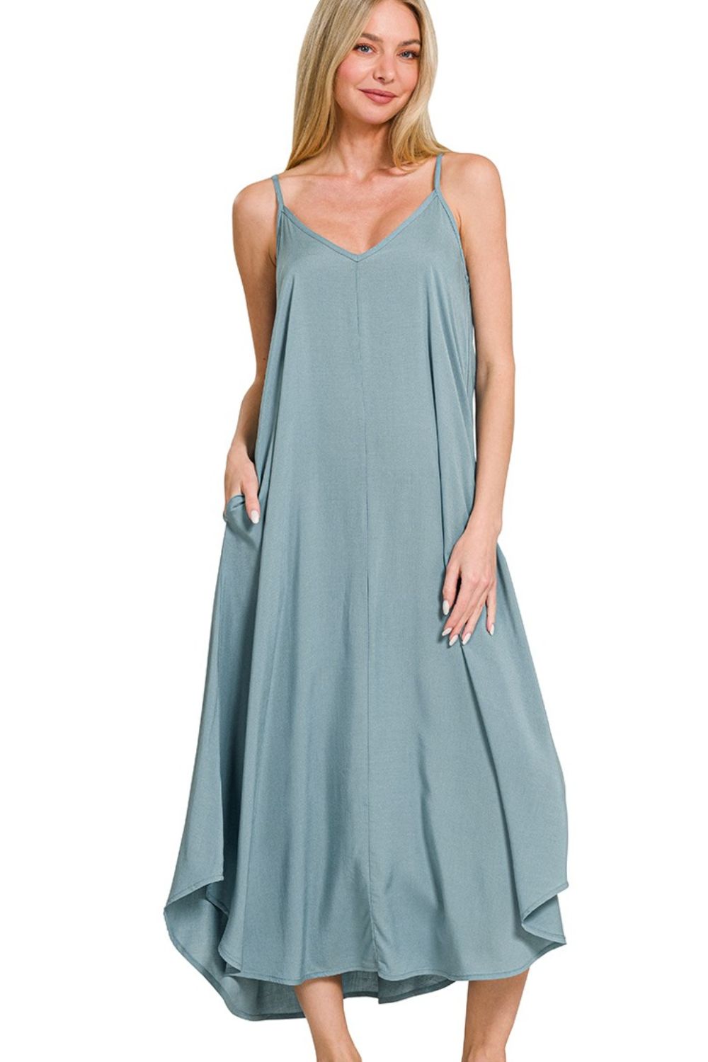 Woven Arc Hem Cami Dress With Flowy Pockets - Blue Grey - product view 4