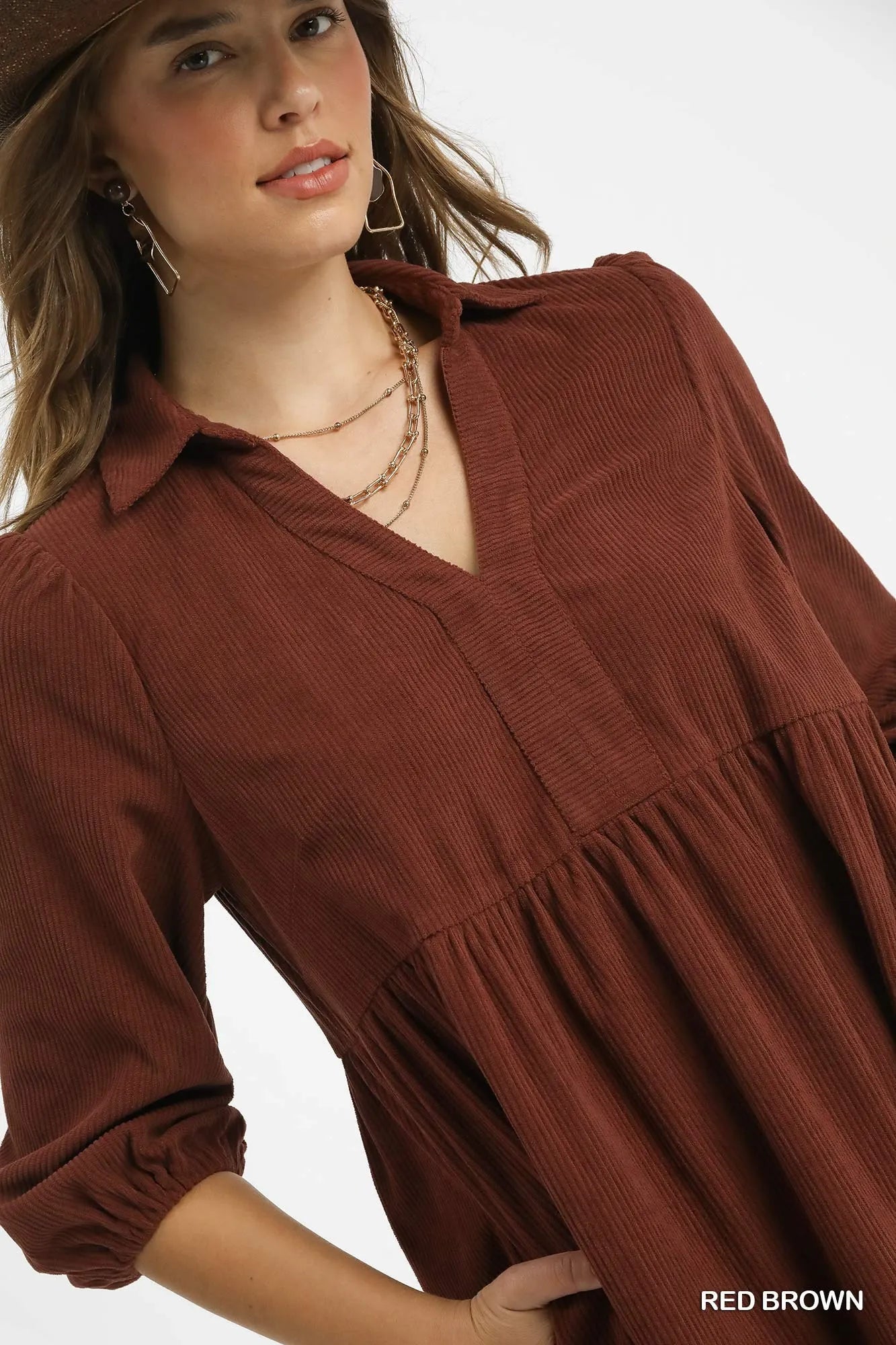 Tiered Corduroy Mini Dress with Balloon Sleeves - Red Brown - product view 5