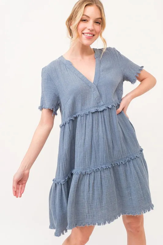 Washed Frayed Detail Tiered Dress - Blue - product view 2