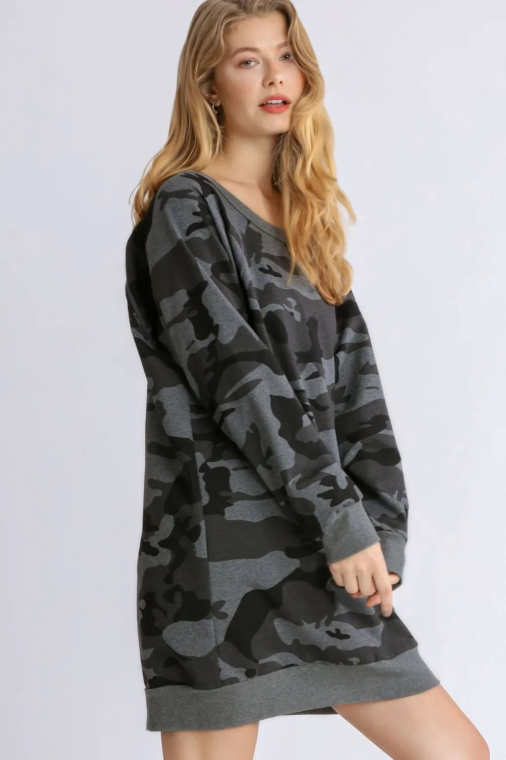 Full Size Camo Print Ribbed Hem French Terry Mini Dress Plus Size in Dark Gray - product view 4