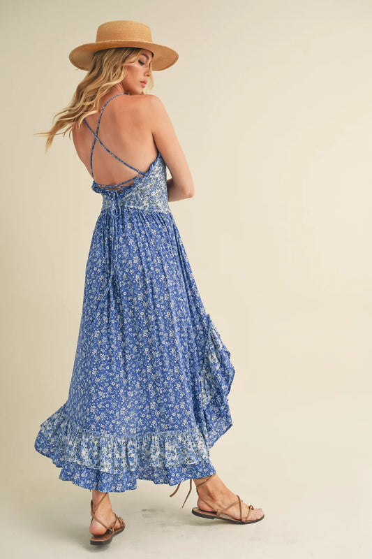 Ditsy Floral Ruffled Hem Maxi Cami Dress in Blue - product view 2