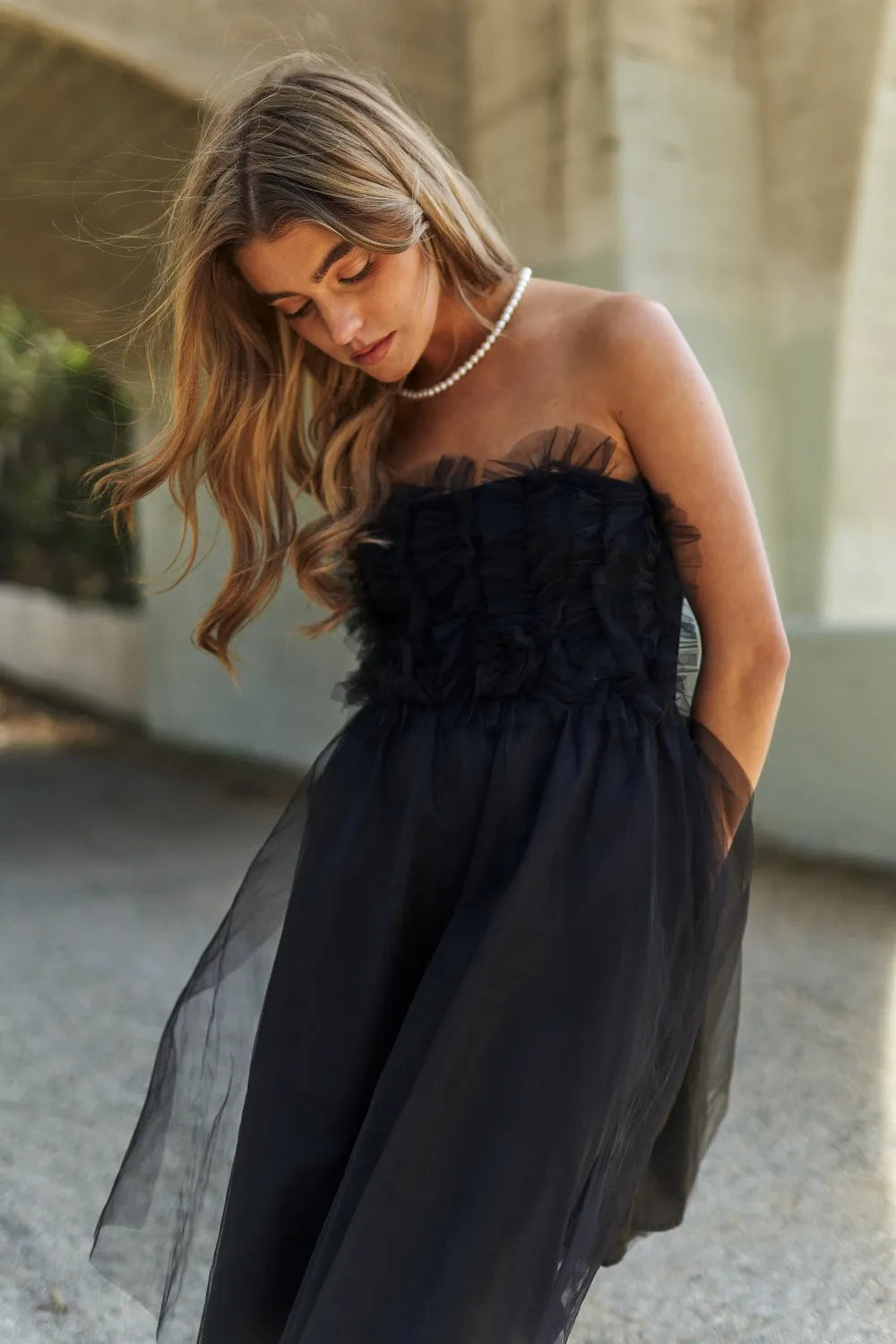 Mesh Ruffle Tube Top Swing Dress in Black - product view 5