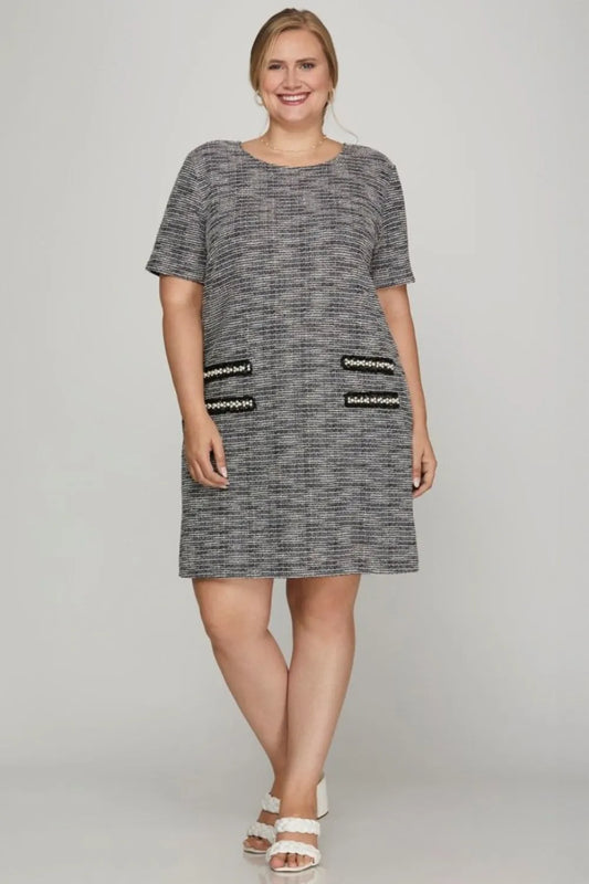 Full Size Short Sleeve Pearl Studded Trim Knit Tweed Dress Plus Size - Black - product view 2