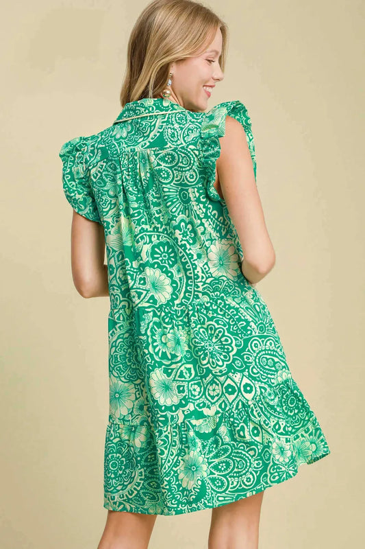 Full Size Printed Ruffle Cap Sleeve Babydoll Dress Plus Size - Green - product view 2
