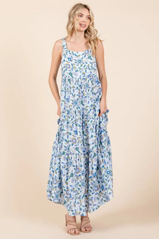 Flower Print Tiered Sleeveless Empire Maxi Dress in Sky Blue - product view 2