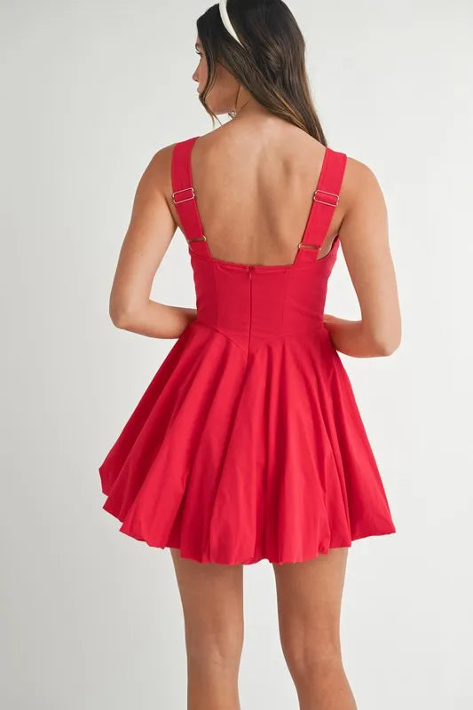 Poplin Square Neckline Bubble Mini Dress in Red - product view 2