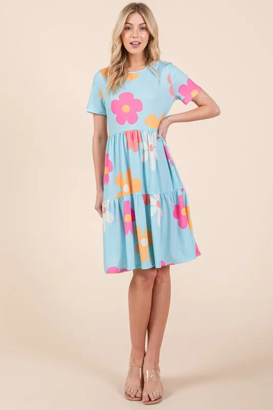 Floral Round Neck Short Sleeve Tiered Dress - Pastel Blue - product view 2