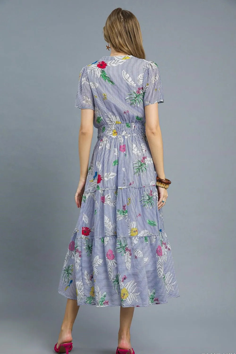 Smocked Waist Floral Short Sleeve Midi Dress in Light Blue - product view 4