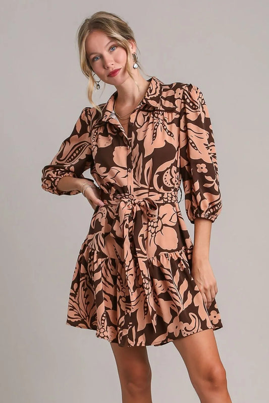 Full Size Two Tone Floral Print Puff Sleeve Tie Waist Dress Plus Size in Brown - product view 2