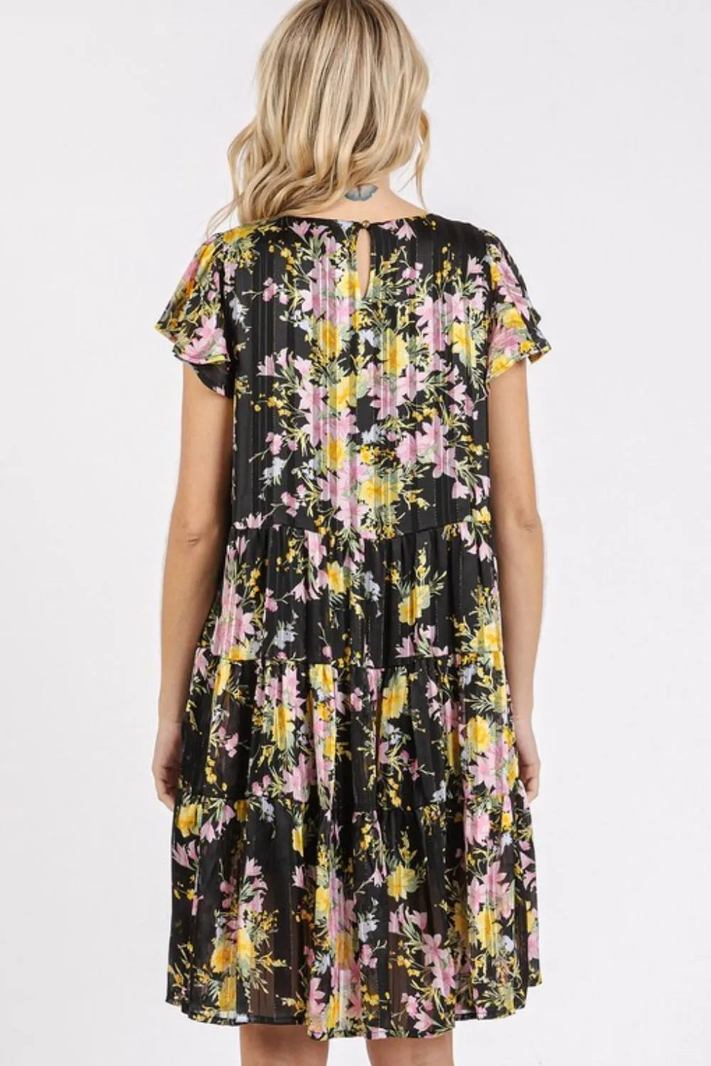 Flower Print Round Neck Flutter Sleeve Tiered Dress in Black - product view 4