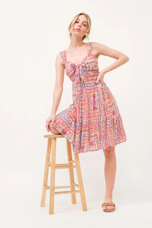Tied Front Smocked Back Tiered Boho Printed Dress in Red Multi - product view 2