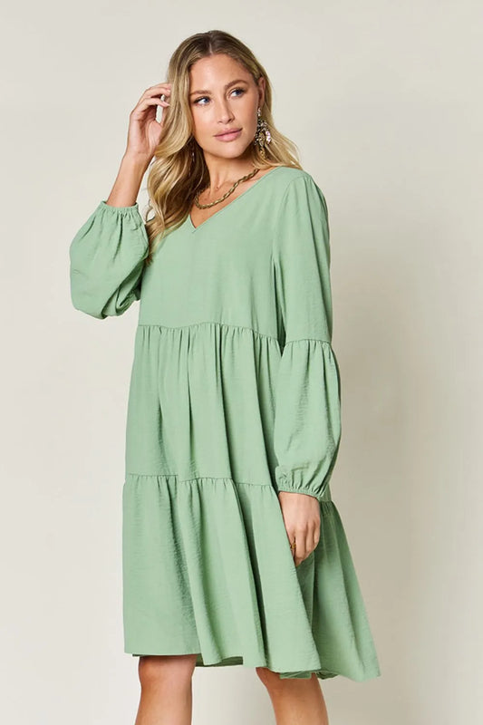 Full Size V-Neck Balloon Sleeve Tiered Dress with Pockets in Light Green, Pink and more - product view 2