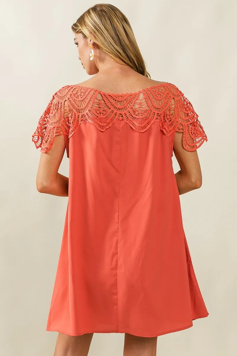 Crochet Lace Yoke Detailed Wrinkled Dress - Apricot - product view 12
