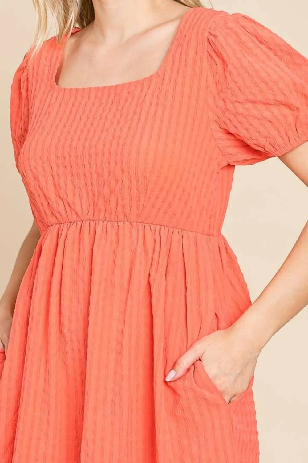 Textured Square Neck Short Sleeve Dress in Sugar Coral - product view 4