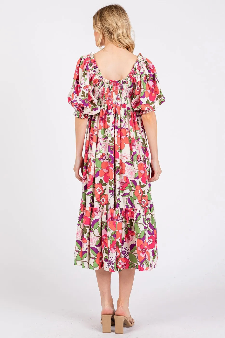 Flower Print Puff Sleeve Ruffle Smocked Midi Dress - Fuchsia - product view 4