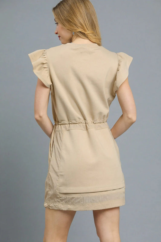 Luxe knit Ruffle Sleeve Drawstring Mini Dress - Latte - product view 2