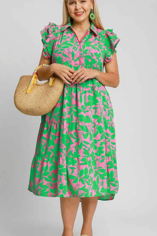 Full Size Floral Collared Ruffle Cap Sleeve Midi Dress Plus Size in Emerald Mix - product view 2
