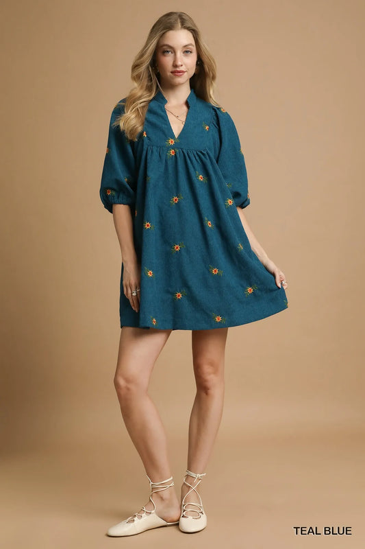 Corduroy Babydoll Dress with Floral Embroidery - Teal Blue - product view 2