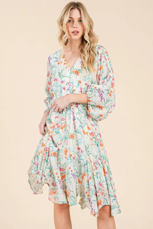 Floral Cinched Waist Balloon Sleeve V-Neck Dress in Ivory Floral - product view 2
