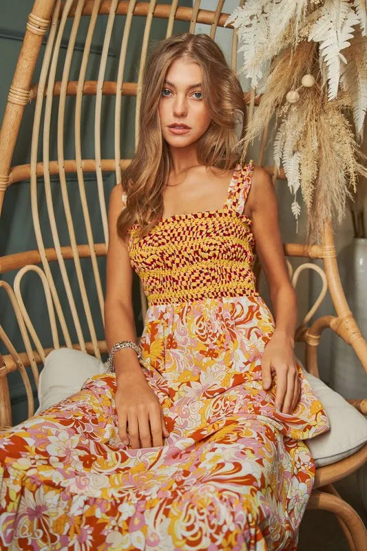 Multi Smocked Bodice Geo Ruffle Strappy Midi Dress - Orange Tan - product view 2