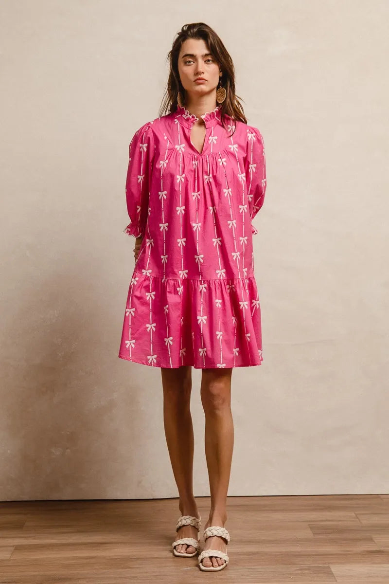 Ribbon Patterns With Scallops Edge Details Short Sleeve Dress in Fuchsia - product view 15