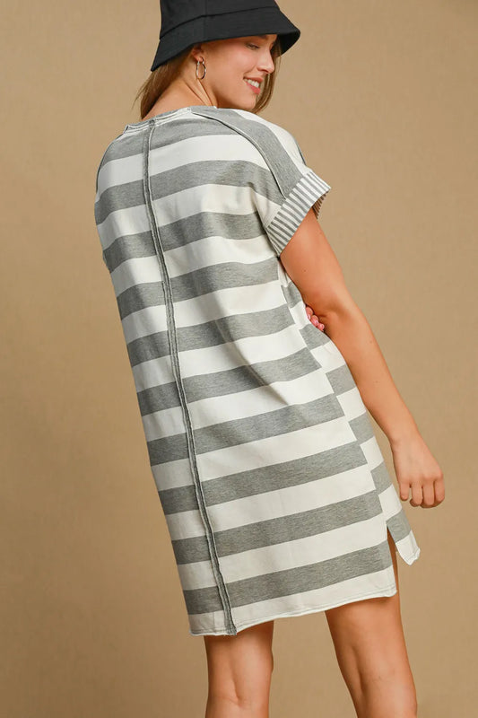 Peace Applique Striped Short Sleeve Mini Dress - Gray - product view 2