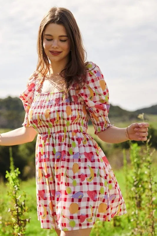 Fruits Printed Smocking Mini Dress - Pink - product view 2