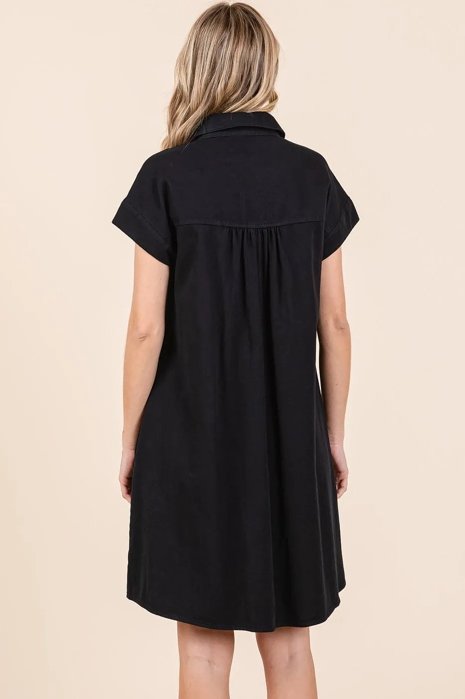 Twill Short Sleeve Collared Mini Dress - Black - product view 5