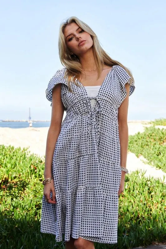 Jacquard V-Neck Flutter Cap Sleeve Tiered Dress in Black Ivory - product view 2
